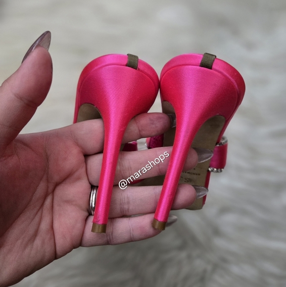 SJP by Sarah Jessica Parker Blossom Rhinestone Heel Sandals Pink Satin - Picture 7 of 10